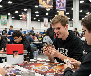 Players enjoying a trading card game match at a convention table