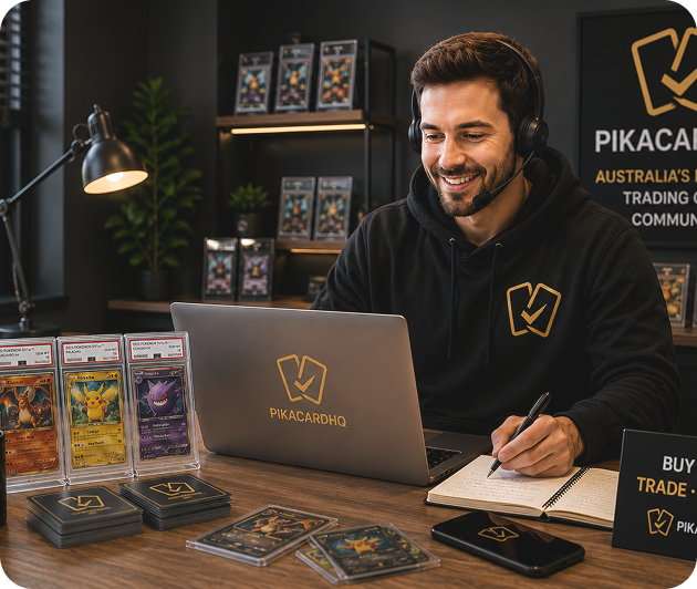 A PikaCardHQ team member at a desk of graded cards, answering collector enquiries