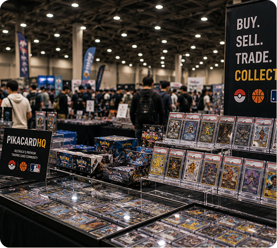 Vendor tables lined with graded and sealed trading cards at an expo