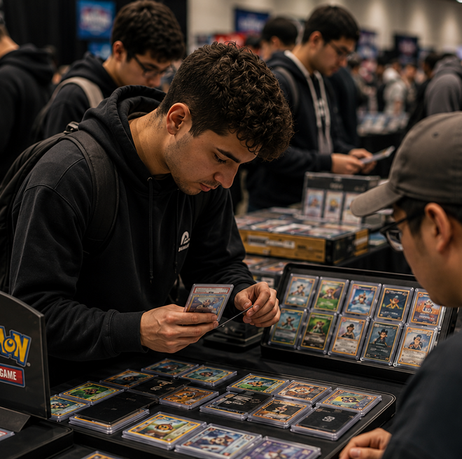 Collector carefully inspecting a graded trading card at a vendor table