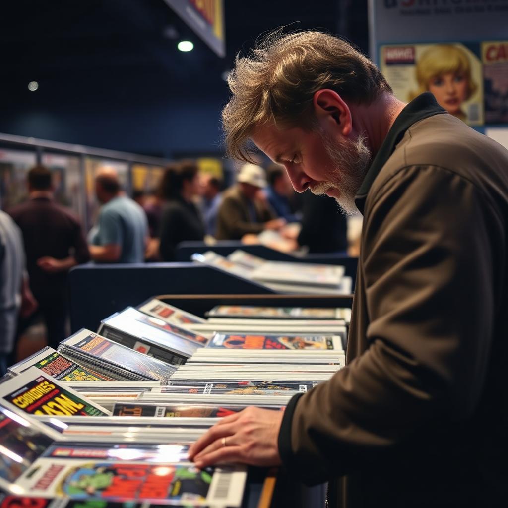 A collector browsing long boxes of comic books at a hobby stall