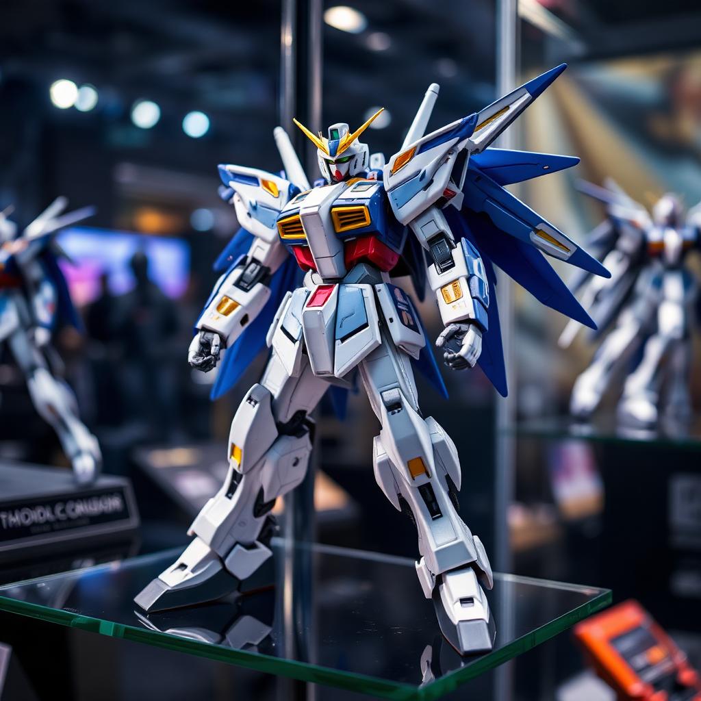A detailed Gundam mecha model kit displayed in a glass cabinet